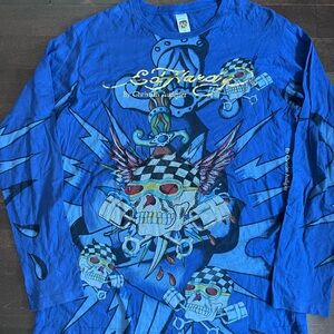 Vintage Ed Hardy Christian Audigier Rhinestone Skull Graphic Long Sleeve Shirt L